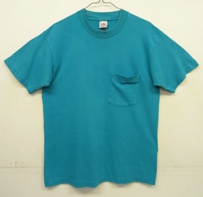 画像1: 90'S FRUIT OF THE LOOM シングルステッチ 耳付きポケット 半袖 Tシャツ ターコイズ USA製 (VINTAGE)