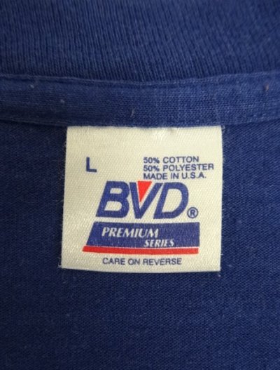 画像2: 90'S BVD コットン/ポリ シングルステッチ 耳付きポケット 半袖 Tシャツ ネイビー USA製 (VINTAGE)