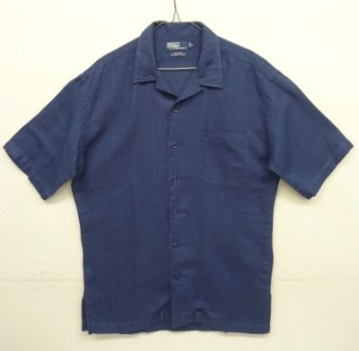 画像1: 90'S RALPH LAUREN "CLAYTON" リネン/コットン 半袖 オープンカラーシャツ ネイビー (VINTAGE)