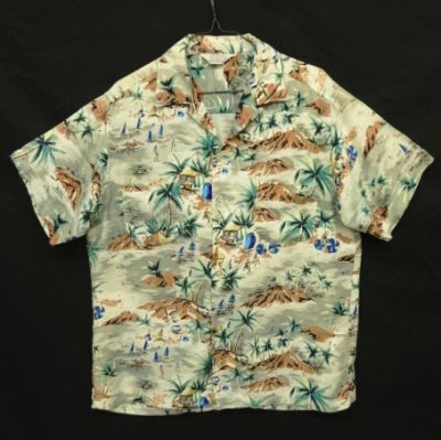 画像1: 60'S ALOHA SHIRT "三角タグ" レーヨン 半袖 オープンカラーシャツ 総柄 (VINTAGE)