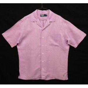 画像: 90'S RALPH LAUREN シルク/リネン 裾ロゴ 半袖 オープンカラーシャツ ライラック (VINTAGE)