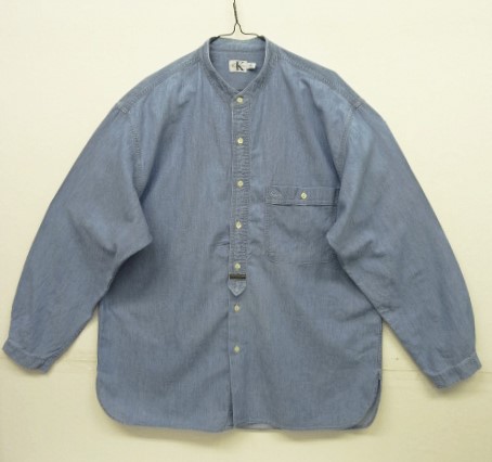 画像: 90'S CALVIN KLEIN ヘリンボーンシャンブレー 長袖 バンドカラーシャツ ブルー (VINTAGE) 「L/S Shirt」 入荷しました。