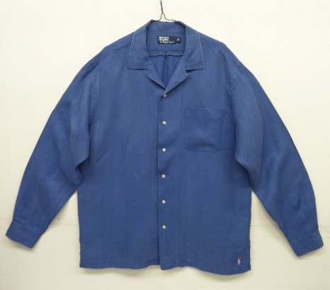 画像: 90'S RALPH LAUREN シルク/リネン 裾ロゴ刺繍 長袖 オープンカラーシャツ ブルー (VINTAGE) 「L/S Shirt」 入荷しました。