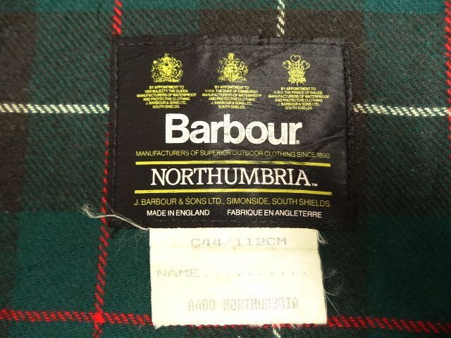 画像: 90'S BARBOUR 3クレスト 旧タグ "NORTHUMBRIA" 裏地ウール オイルドジャケット OLIVE イングランド製 (VINTAGE)