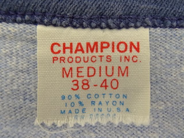 画像: 60'S CHAMPION プロダクツタグ リンガーTシャツ 染み込みプリント 杢ブルー USA製 (VINTAGE)