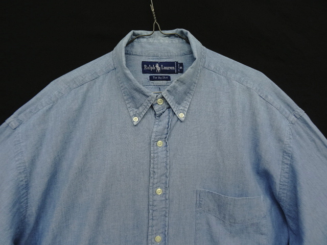 画像: 90'S RALPH LAUREN "THE BIG SHIRT" 裾ロゴ刺繍 シャンブレー BDシャツ ブルー (VINTAGE)