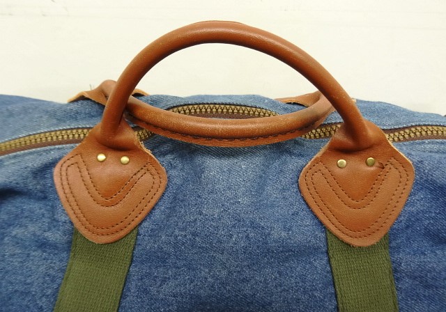 画像: 80'S LL Bean デニム/レザー ダッフルバッグ インディゴ/オリーブ USA製 (VINTAGE)