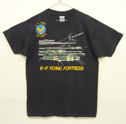 画像1: 80'S US ARMY AIR FORCE "B-17 FLYING FORTRESS" シングルステッチ 両面プリント Tシャツ ネイビー USA製 (VINTAGE)