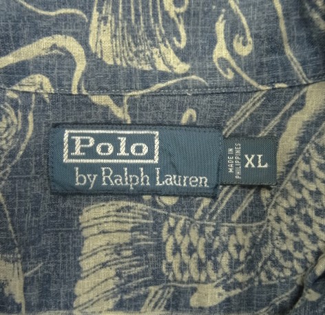 画像2: 90'S RALPH LAUREN リネン/コットン 半袖 オープンカラーシャツ インディゴ/鯉柄 (VINTAGE)