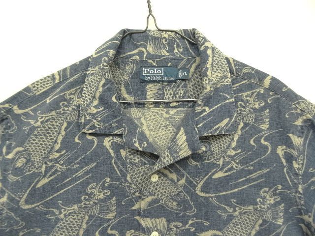 画像: 90'S RALPH LAUREN リネン/コットン 半袖 オープンカラーシャツ インディゴ/鯉柄 (VINTAGE)