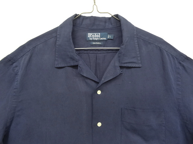 画像: 90'S RALPH LAUREN "CALDWELL" シルクリネン 裾ロゴ 半袖 オープンカラーシャツ ダークネイビー (VINTAGE)