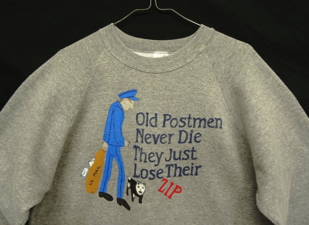 画像: 80'S JERZEES "OLD POSTMEN NEVER DIE" ハンドペイント ラグランスリーブ スウェットシャツ ヘザーグレー USA製 (VINTAGE)