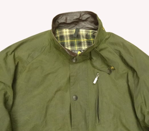 画像: 90'S BARBOUR 3クレスト 旧タグ "WAX COTTON BLOUSON" 襟レザー ショート丈 オイルドジャケット オリーブ イングランド製 (VINTAGE)